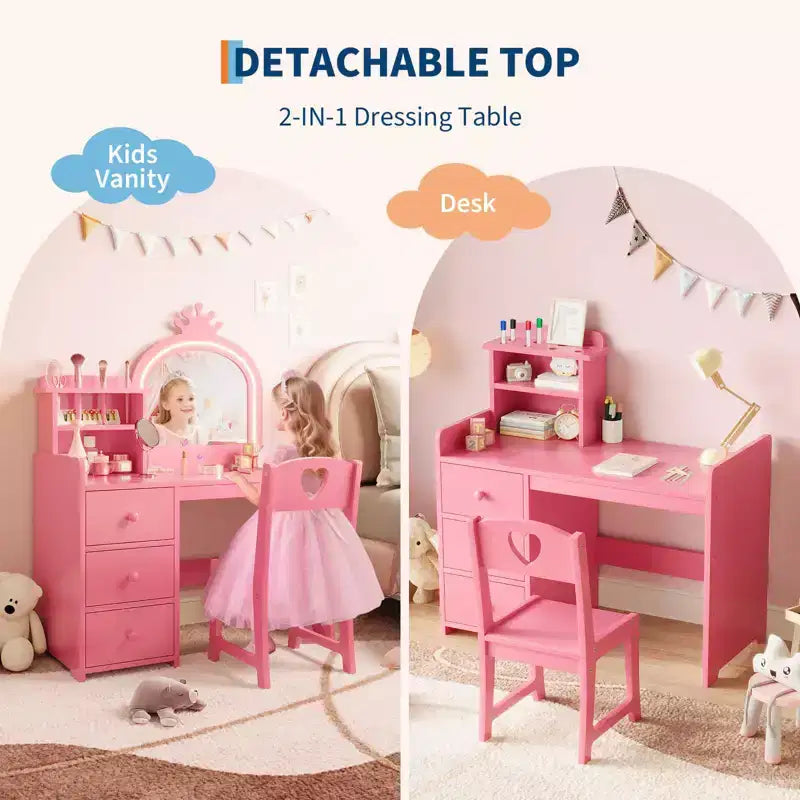 Tocador infantil con espejo y luces, tocador de maquillaje de madera de princesa rosa con silla, estantes de almacenamiento y cajones, tocador para niñas 2 en 1