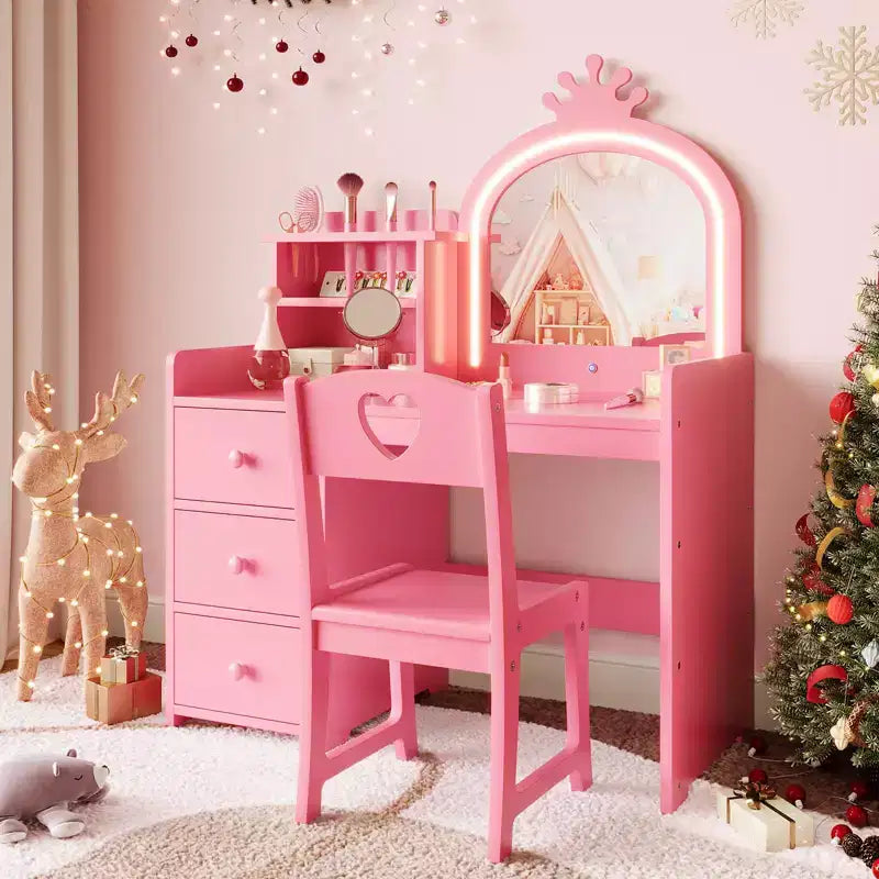 Tocador infantil con espejo y luces, tocador de maquillaje de madera de princesa rosa con silla, estantes de almacenamiento y cajones, tocador para niñas 2 en 1