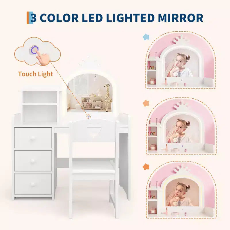 Tocador infantil con espejo y luces, tocador de maquillaje de madera de princesa rosa con silla, estantes de almacenamiento y cajones, tocador para niñas 2 en 1