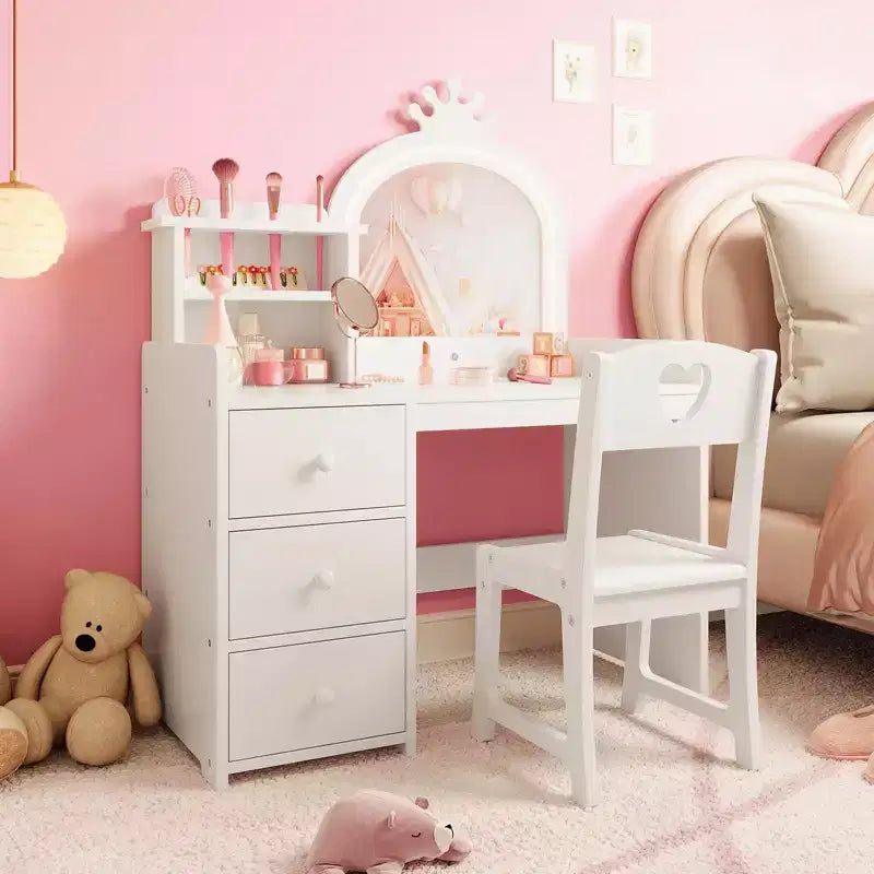 Tocador infantil con espejo y luces, tocador de maquillaje de madera de princesa rosa con silla, estantes de almacenamiento y cajones, tocador para niñas 2 en 1