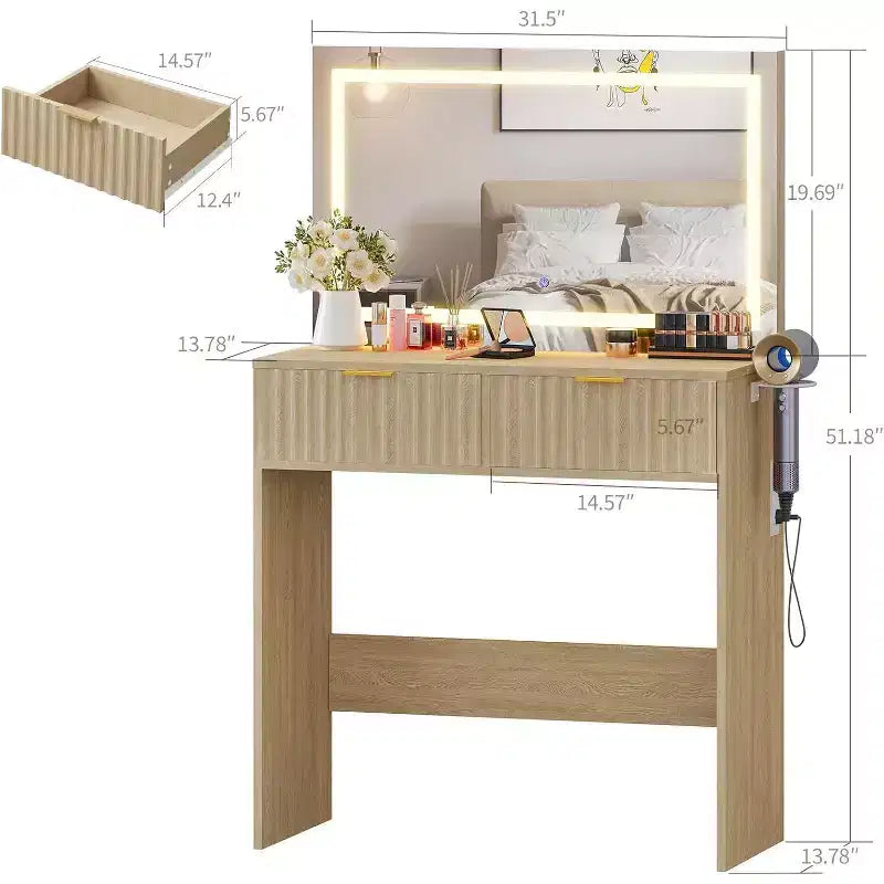 COZONY Fluted Vanity Desk with 32 Mirror & LED Lights, 2 Drawers, Adjustable Brightness Makeup Table for Bedroom