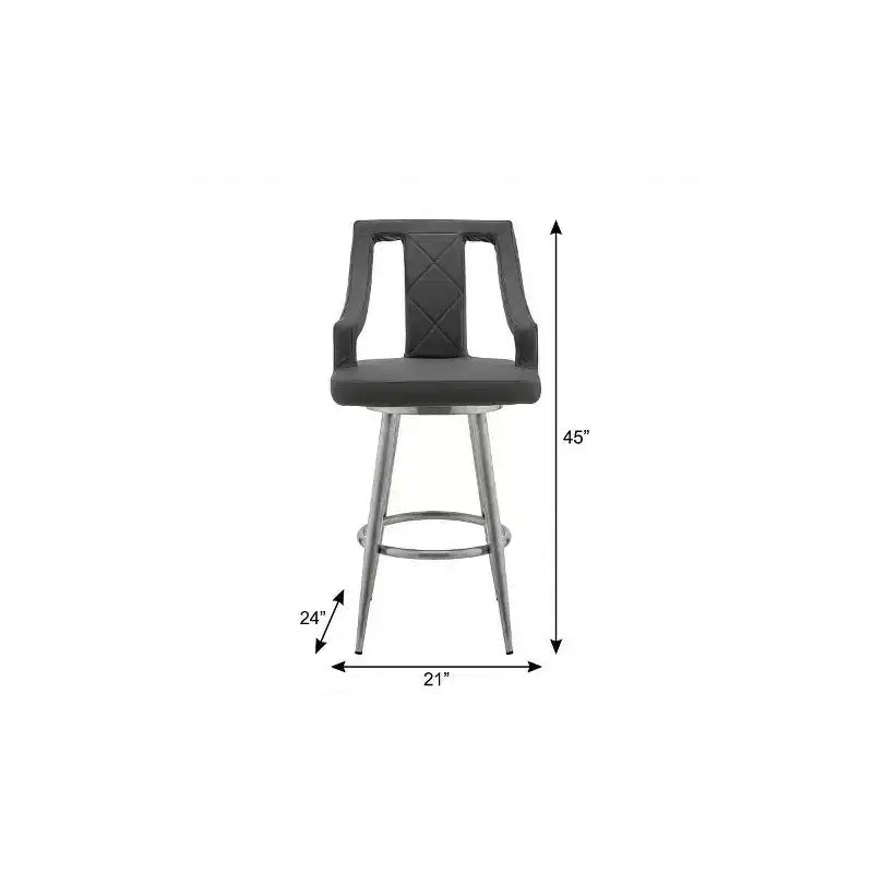 Silla de bar giratoria de altura de bar de hierro y piel sintética gris y plateada de 29