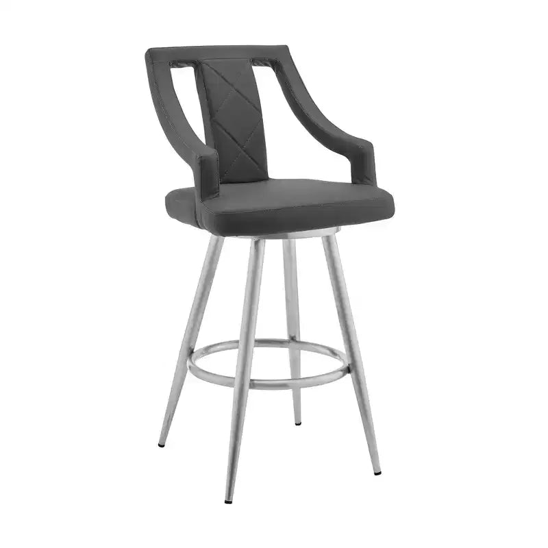 Silla de bar giratoria de altura de bar de hierro y piel sintética gris y plateada de 29