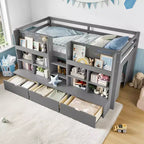 Lit mezzanine bas pour enfant GDFStudio Rowan avec étagères de rangement, rideau et tableau noir