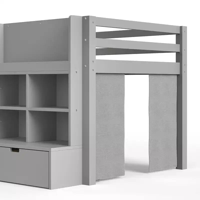 Lit mezzanine bas pour enfant GDFStudio Rowan avec étagères de rangement, rideau et tableau noir