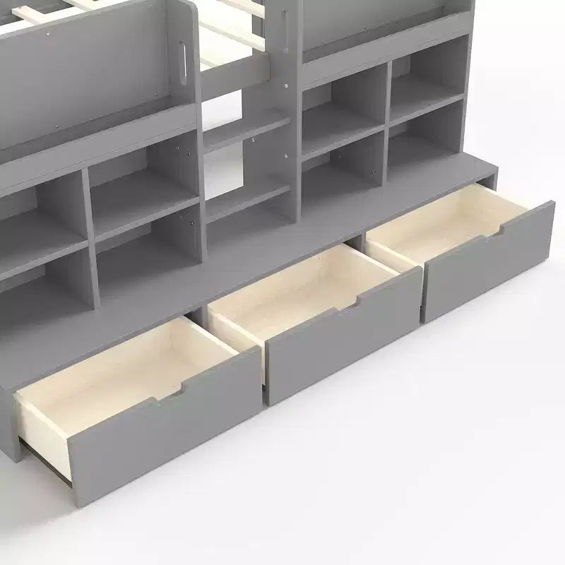 Lit mezzanine bas pour enfant GDFStudio Rowan avec étagères de rangement, rideau et tableau noir