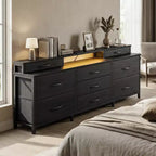 Large Fabric Chest of Drawers 63 Inch Wide 9 Drawer Dresser LED Lights Power Outlets Shelves Storage Organizer Bedroom Black Wood Top