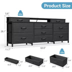 Cajonera Grande de Tela de 63 Pulgadas de Ancho con 9 Cajones, Luces LED, Tomas de Corriente, Estantes, Organizador de Almacenamiento, Dormitorio, Tapa de Madera Negra