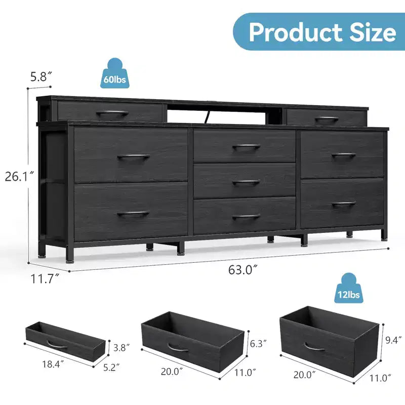 Cajonera Grande de Tela de 63 Pulgadas de Ancho con 9 Cajones, Luces LED, Tomas de Corriente, Estantes, Organizador de Almacenamiento, Dormitorio, Tapa de Madera Negra