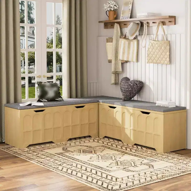 L Shaped Corner Bench with Storage, Kitchen Breakfast Nook Bench with Removable Cushion, Wooden Backless Bench for Dining Room, Entryway