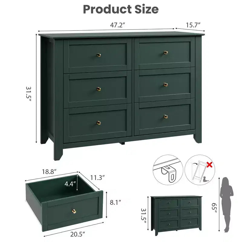 6-Drawer Modern Wooden Dresser, Large Chest of Drawers with Deep Drawers & Metal Knobs, Storage Cabinet for Bedroom, Entryway & Hallway