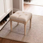 Small Padded Bench, Square Upholstered Rustic Ottoman Bench, Vanity Stools for Bedroom, Beige