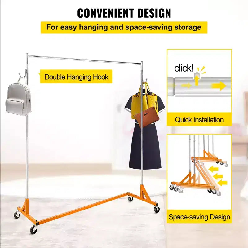 Portant à vêtements Z VEVOR, portant à vêtements à base Z de qualité industrielle, portant à vêtements roulant Z, portant à vêtements robuste en acier à base Z avec roulettes verrouillables, orange et argent