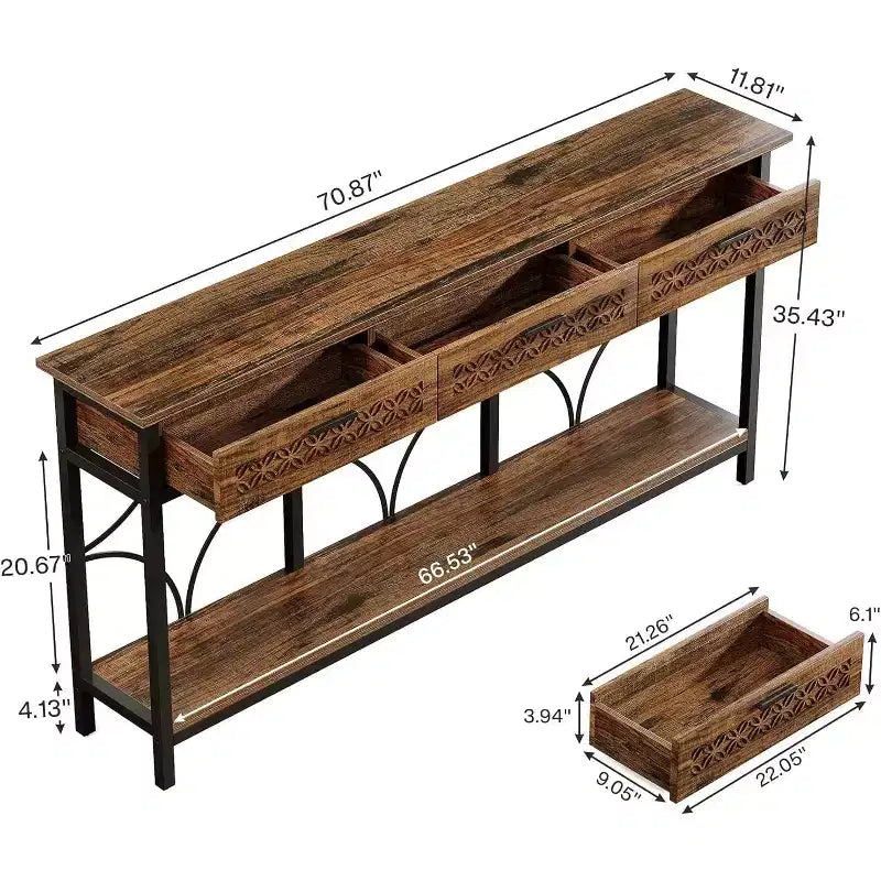 Console Lantine avec tiroirs, table d'entrée extra longue de 180 cm avec rangement pour entrée, salon, hall, design unique