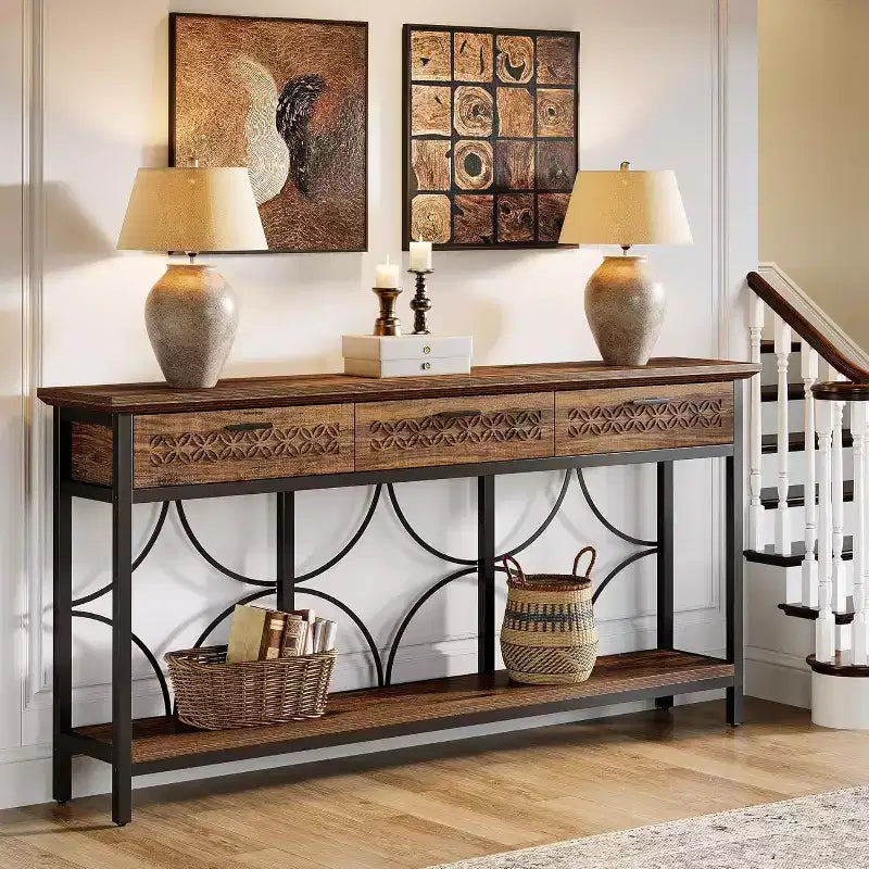 Console Lantine avec tiroirs, table d'entrée extra longue de 180 cm avec rangement pour entrée, salon, hall, design unique