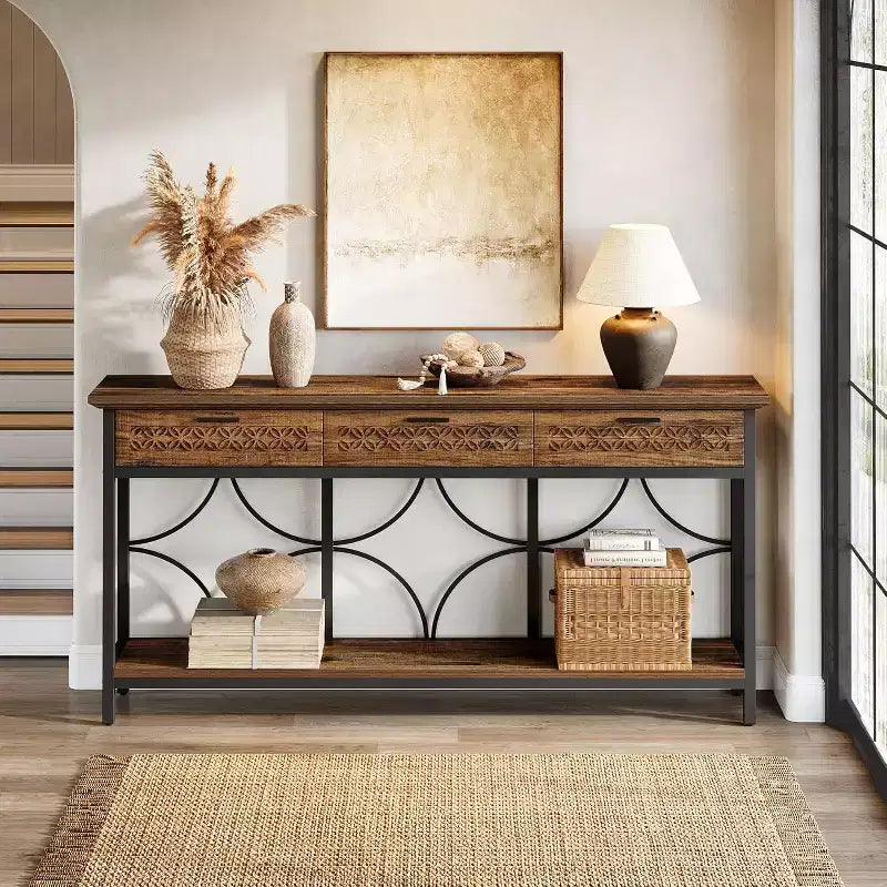 Console Lantine avec tiroirs, table d'entrée extra longue de 180 cm avec rangement pour entrée, salon, hall, design unique