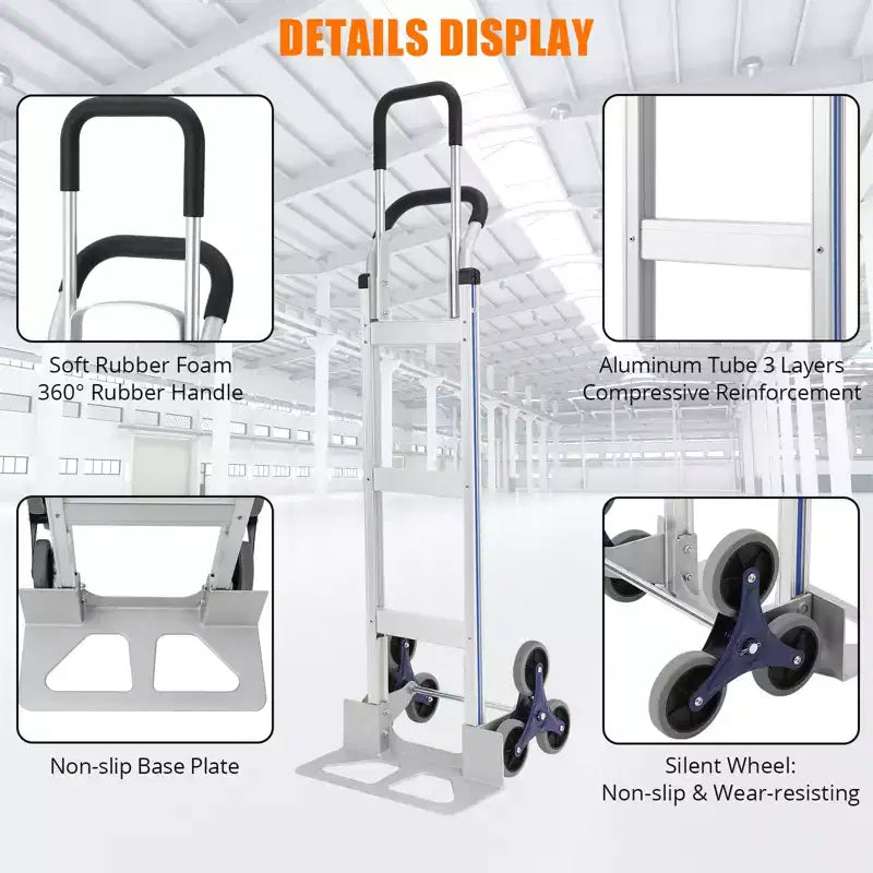 650 lb Stair Climbing Hand Truck Dolly, Heavy Duty Aluminum 2-in-1 Convertible Cart with Tri-Wheel Design & Dual Grip Handles