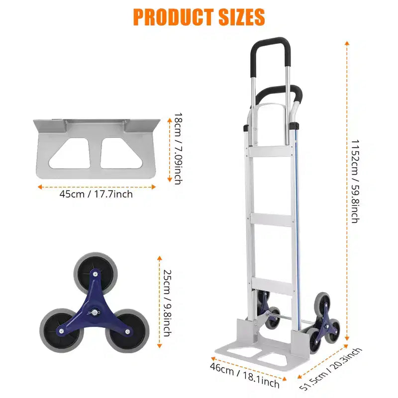 650 lb Stair Climbing Hand Truck Dolly, Heavy Duty Aluminum 2-in-1 Convertible Cart with Tri-Wheel Design & Dual Grip Handles