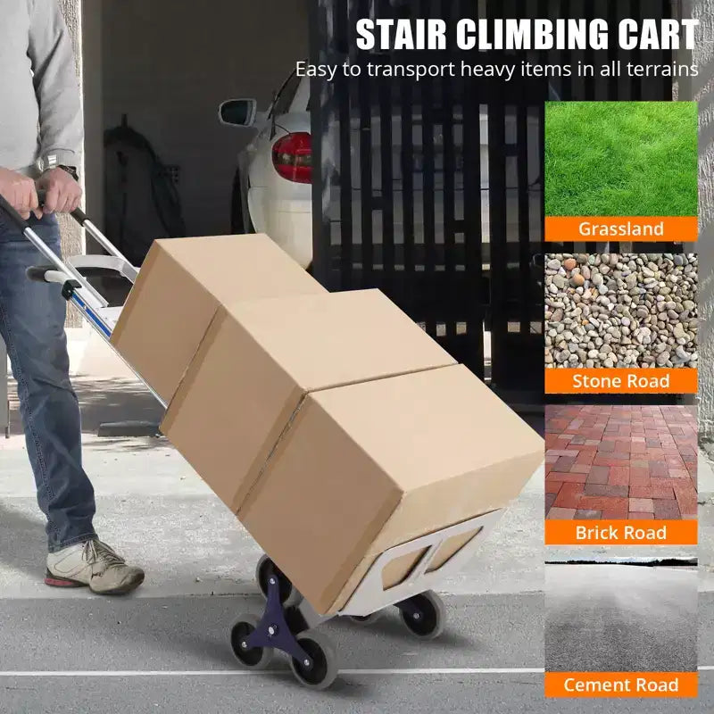 650 lb Stair Climbing Hand Truck Dolly, Heavy Duty Aluminum 2-in-1 Convertible Cart with Tri-Wheel Design & Dual Grip Handles