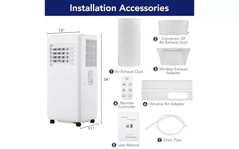 Climatiseur portable GustoWave 10 000 BTU - 3-en-1 : Refroidisseur, déshumidificateur et ventilateur - Refroidit jusqu'à 42 m², Ultra-silencieux, Économe en énergie, Télécommande
