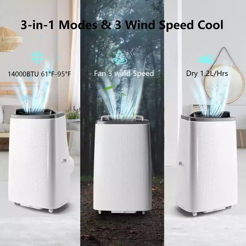 Climatiseur portable 14 000 BTU - Refroidissement, déshumidificateur et ventilateur pour 65 m² avec télécommande et oscillation automatique, garantie d'un an