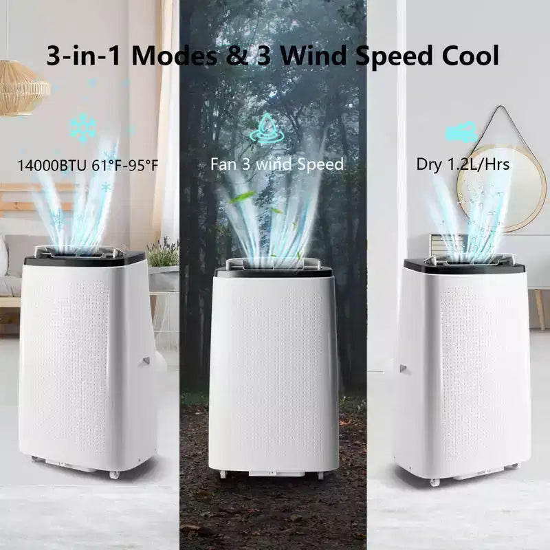 Climatiseur portable 14 000 BTU - Refroidissement, déshumidificateur et ventilateur pour 65 m² avec télécommande et oscillation automatique, garantie d'un an