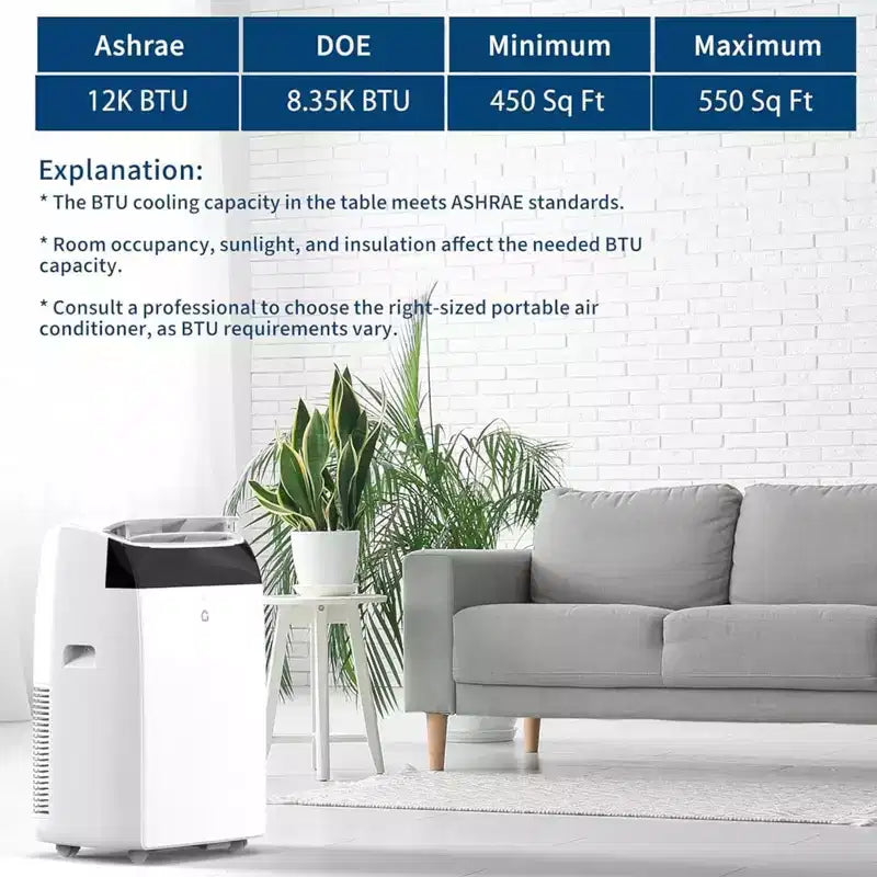 Climatiseur portable GustoWave 12000 BTU, unités de climatisation intelligentes 3-EN-1 avec télécommande pour pièces jusqu'à 50 m²