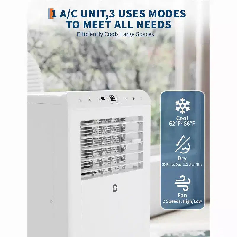 Acondicionador de aire portátil 3 en 1 GustoWave de 8,000 BTU - Enfría hasta 450 pies cuadrados, silencioso <42dB con temporizador de 24H y control remoto, de pie