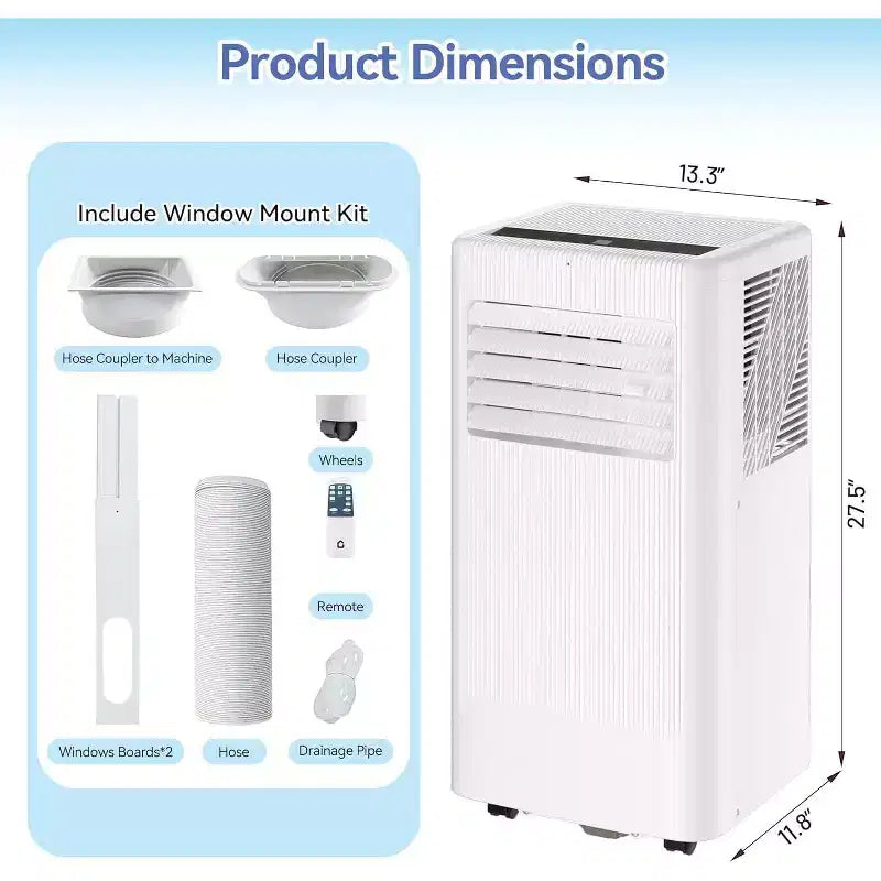 Aire acondicionado portátil 3 en 1 de 10,000 BTU - Enfría hasta 52 m², pantalla LED, control remoto y kit de ventilación para ventana incluidos