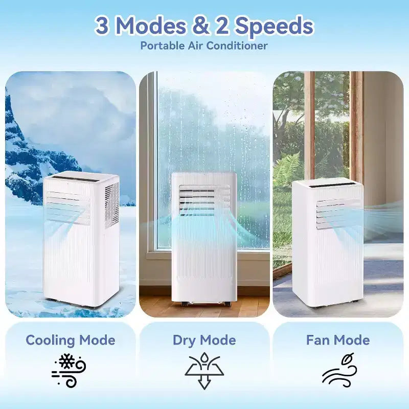 Aire acondicionado portátil 3 en 1 de 10,000 BTU - Enfría hasta 52 m², pantalla LED, control remoto y kit de ventilación para ventana incluidos