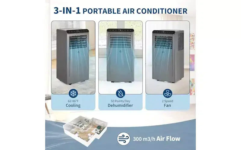 Climatiseur portable 4 en 1 GustoWave 8 000 BTU - Refroidit jusqu'à 32,5 m², fonctionnement silencieux, télécommande, minuterie 24h, écran LED