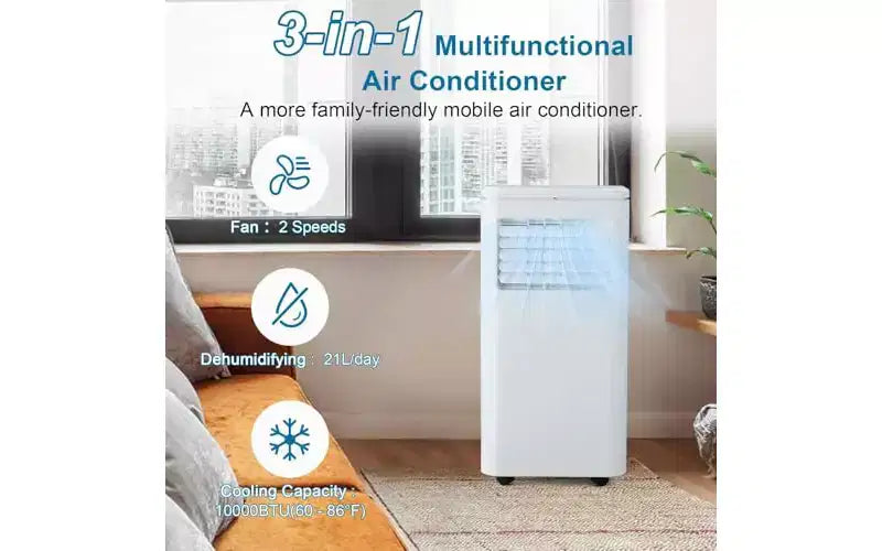 Climatiseur portable 3-en-1 8 000/10 000 BTU - Refroidit jusqu'à 42 m², fonctionnement silencieux, filtre lavable, écologique R32