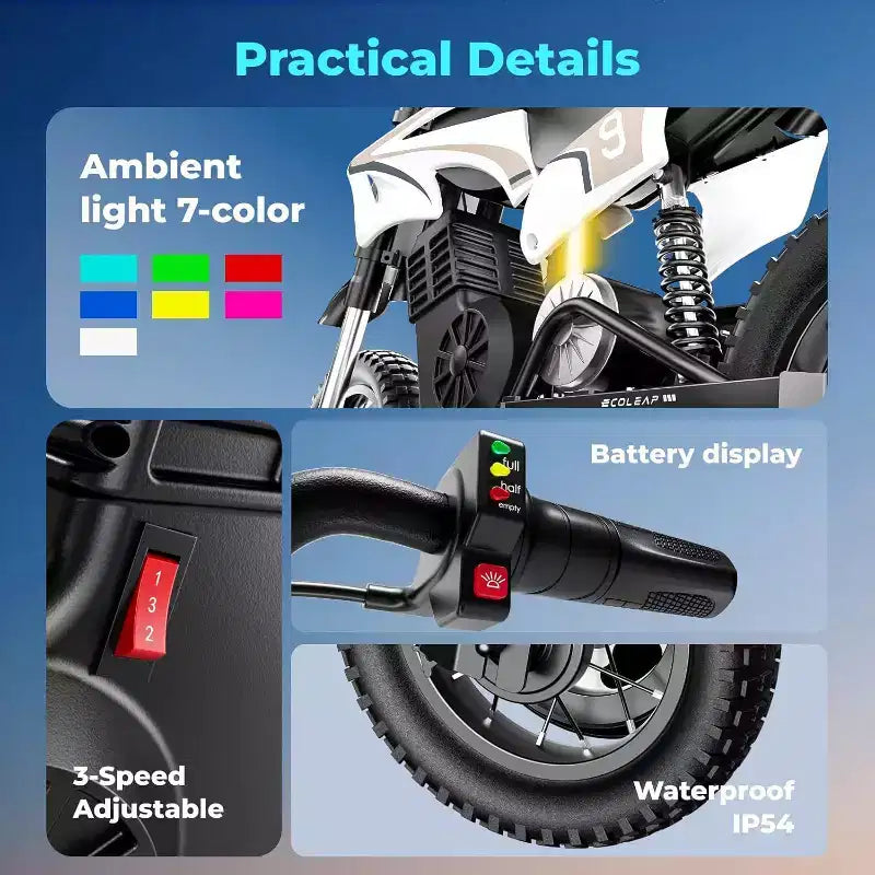ECOLEAP K1 Moto de Cross Eléctrica para Niños 36V, 25.7 KM/H Rápida, 22.5 KM de Autonomía, Motor de 700W Pico, 3 Modos de Velocidad, Neumáticos Todoterreno de 12 Pulgadas, UL, Edades 3-10