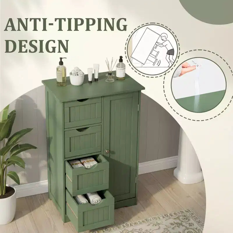 Green Bathroom Storage Cabinet with 4 Drawers and 1 Door