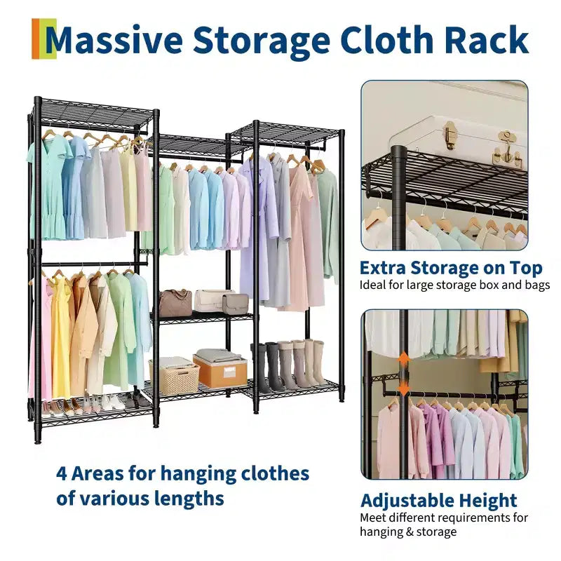 Portant à vêtements, étendoir en métal robuste avec étagères réglables, portant autoportant pour chambre à coucher, entrée, sous-sol