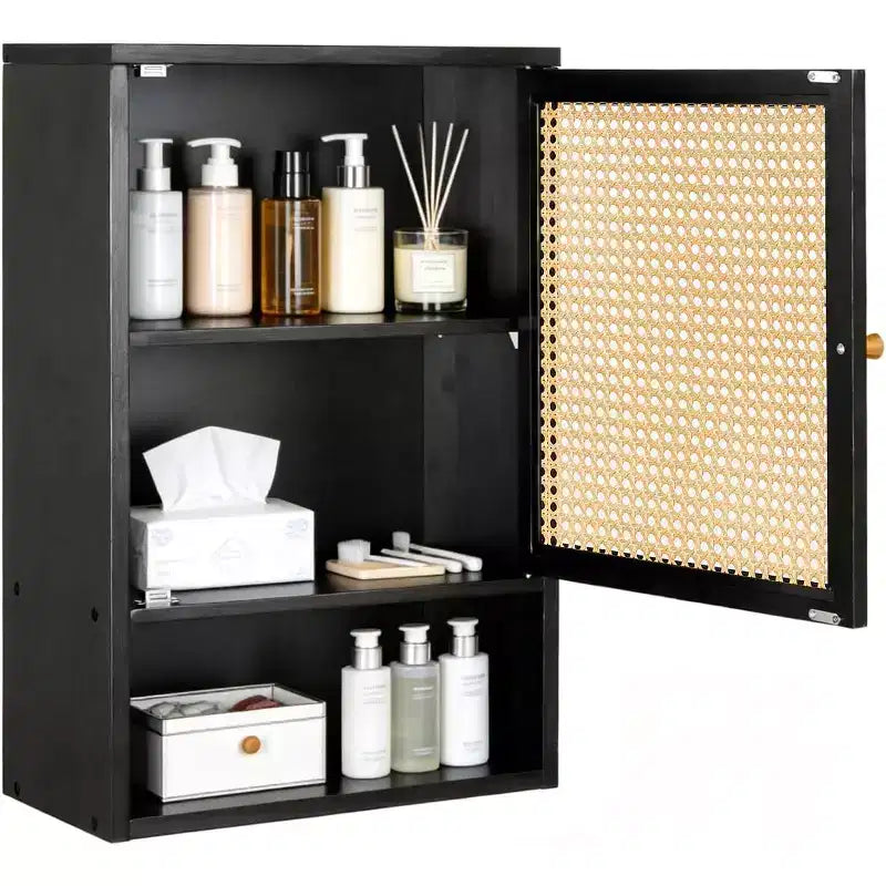 Meuble de salle de bain mural - Meuble haut de toilette en bambou, portes en rotin, étagère réglable, rangement à pharmacie pour cuisine et buanderie