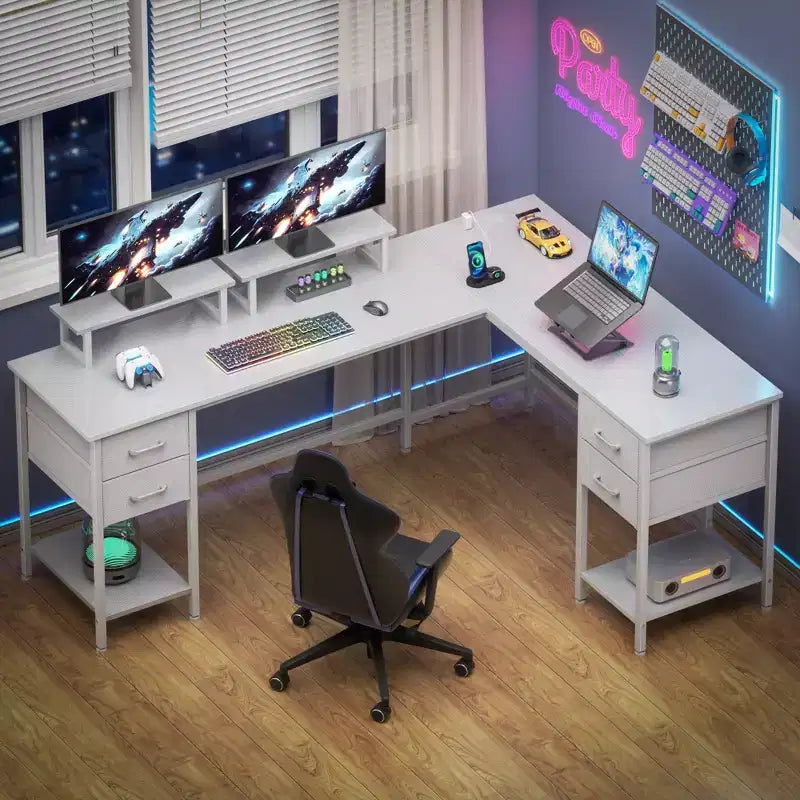 66 Inch White L Shaped Computer Desk with Charging Station 94.4 Inch Long Two Person Gaming Desk 4 Drawers 2 Monitor Stands Home Office Storage