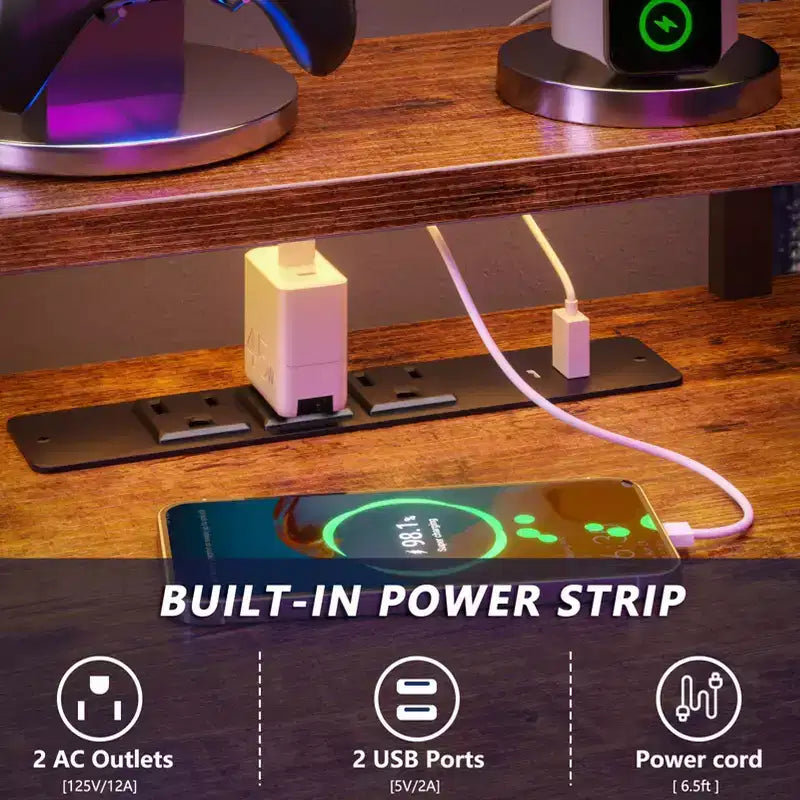 Qwatto 66 Inch Brown L Shaped Computer Desk with Charging Station Reversible Gaming Desk LED Lights 2 Drawers Monitor Stand Storage Home Office