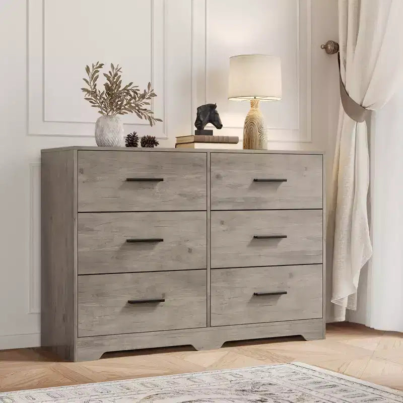 Dresser for Bedroom, Modern 6 Drawer Wide Wooden Chest of Drawers with Metal Handles, Storage Cabinet for Entryway, Hallway & Living Room