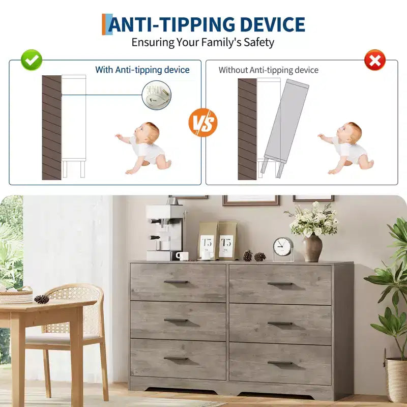 Dresser for Bedroom, Modern 6 Drawer Wide Wooden Chest of Drawers with Metal Handles, Storage Cabinet for Entryway, Hallway & Living Room