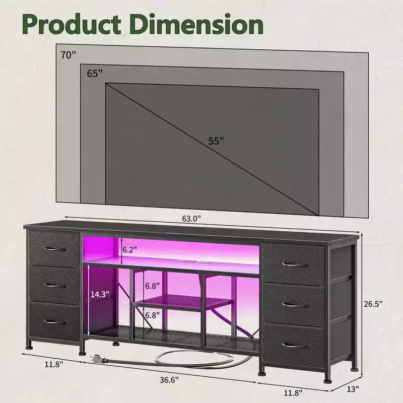 Qwatto 63 Inch Black TV Stand Dresser with Charging Station LED Lights 6 Fabric Drawers Entertainment Center for TVs up to 70 Inch Bedroom Storage