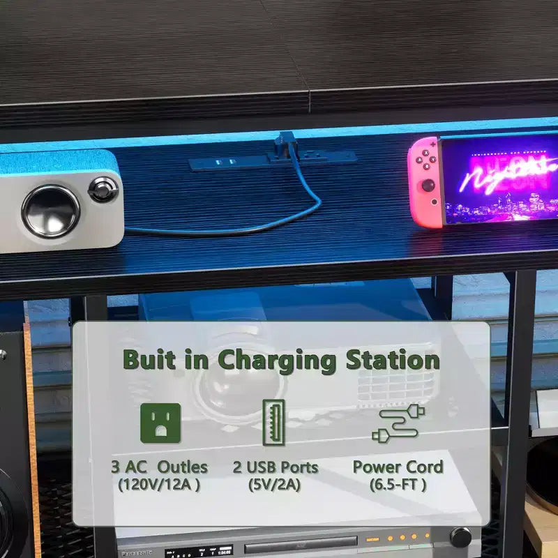 Qwatto 63 Inch Black TV Stand Dresser with Charging Station LED Lights 6 Fabric Drawers Entertainment Center for TVs up to 70 Inch Bedroom Storage