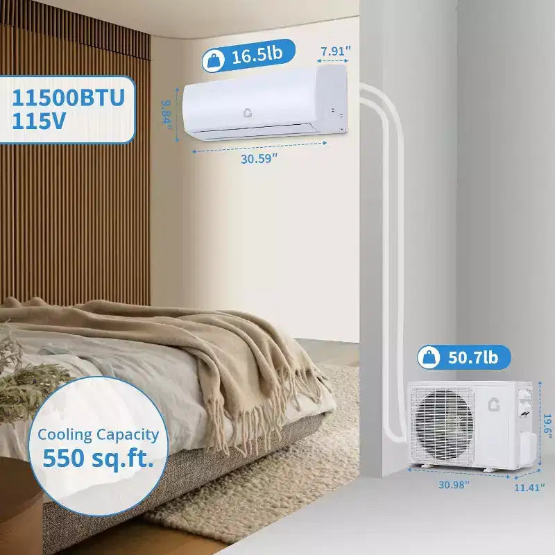 Climatiseur et Chauffage Mini Split Acekool 11500 BTU, Climatiseur Inverseur Sans Conduit Wi-Fi 230V, Refroidit Chauffe 70 m², Blanc
