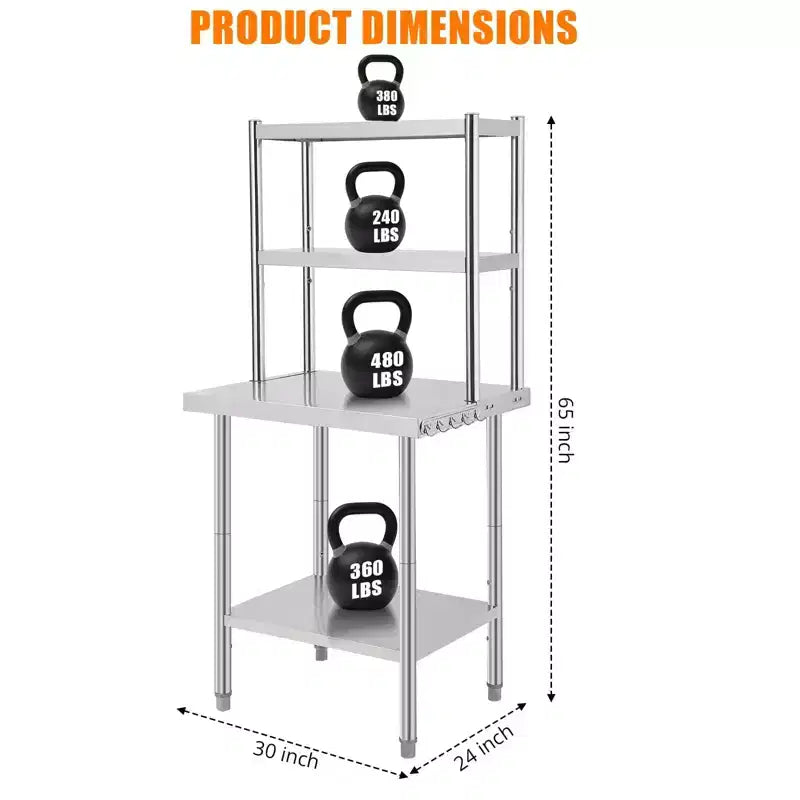 Stainless Steel Table with Shelves,Prep Table with Hooks,Heavy Duty Worktable Workbench for Home Commercial Kitchen Steel Countertop