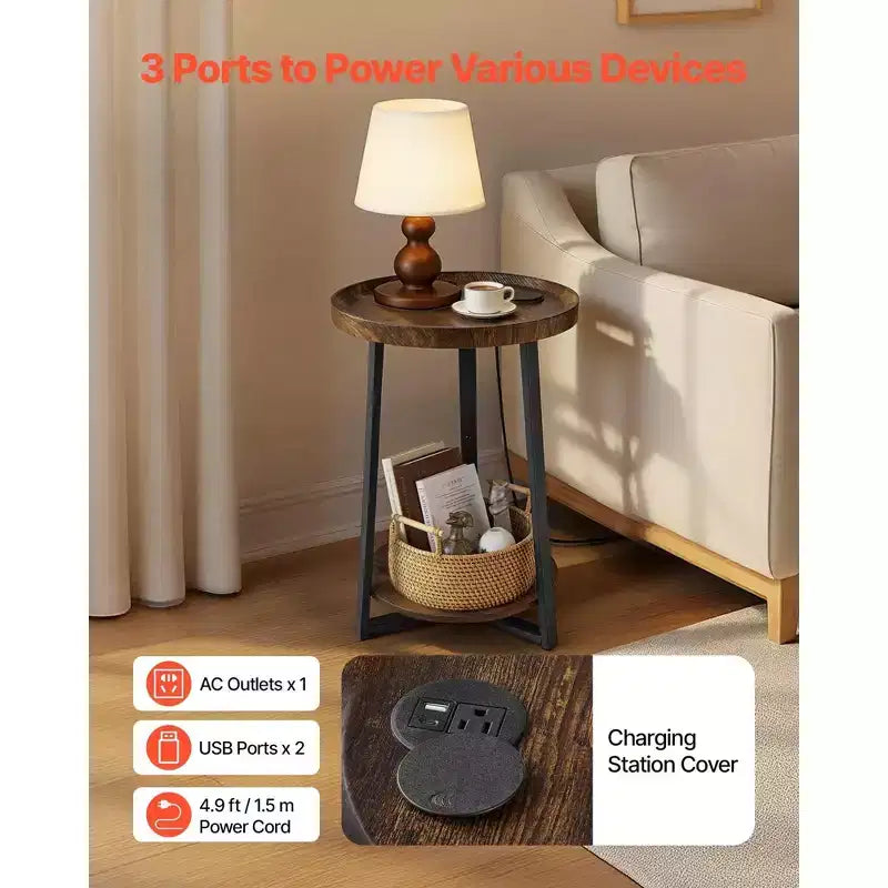 Table d'appoint, Table d'appoint ronde à 2 niveaux avec étagères de rangement ouvertes, Table de chevet moderne avec port de charge USB et CA