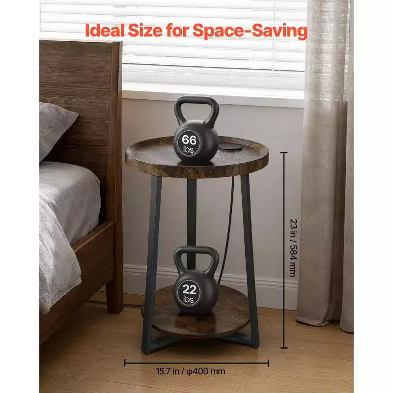 Table d'appoint, Table d'appoint ronde à 2 niveaux avec étagères de rangement ouvertes, Table de chevet moderne avec port de charge USB et CA