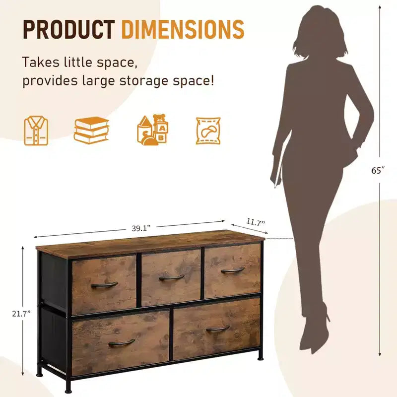 Fabric 5-Drawer Storage Dresser with Metal Frame, 39.4 Wide Organizer for Bedroom, Closet, Living Room & Hallway