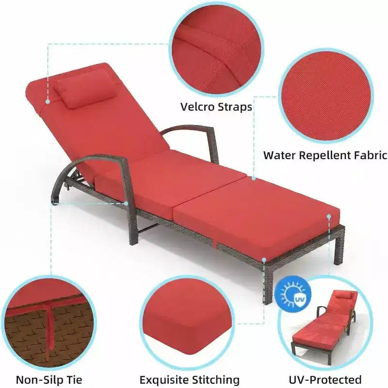 Chaises longues de jardin en rotin, transats de patio inclinables et réglables 5 positions, avec accoudoirs, coussins, oreillers et roulettes