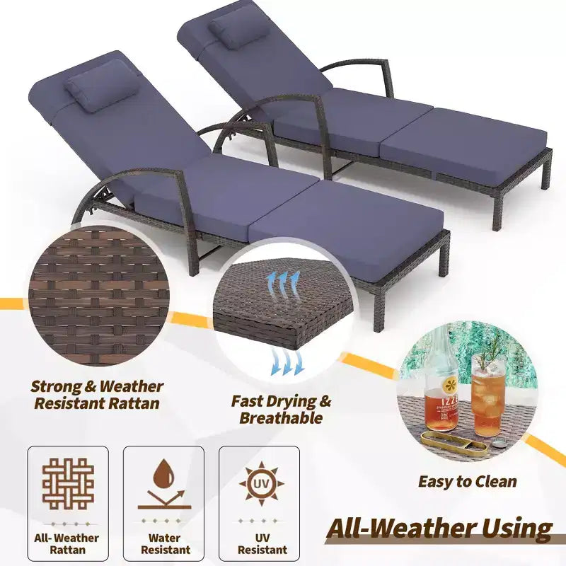 Chaises longues de jardin en rotin, transats de patio inclinables et réglables 5 positions, avec accoudoirs, coussins, oreillers et roulettes
