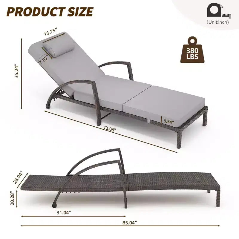 Chaises longues de jardin en rotin, transats de patio inclinables et réglables 5 positions, avec accoudoirs, coussins, oreillers et roulettes